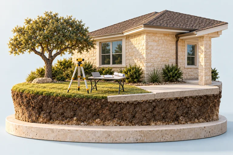 Illustrated survey equipment outside a Texas house