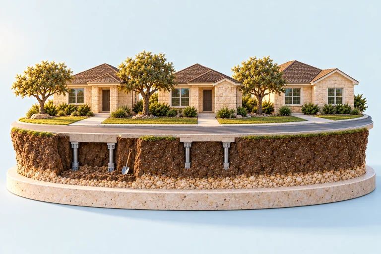 Illustration of three miniature limestone houses along a curved street on a stone base, with the soil cut away in front to show steel piers and an open dig with a shovel