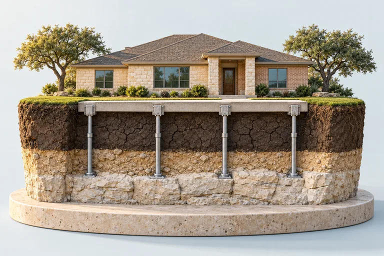 Illustration of a single-story house on dark clay soil, with steel piers running from the slab down to limestone