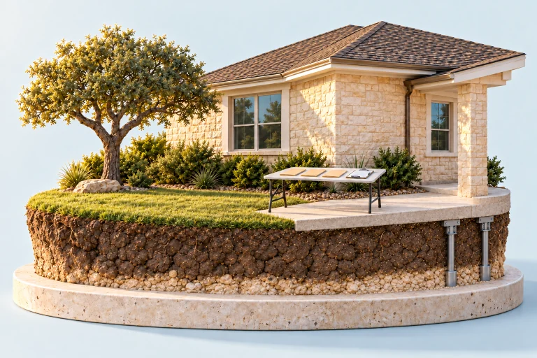 Illustration of a miniature limestone house with a folding table on the front walk holding three closed folders and a clipboard, the soil cut away to show two steel piers